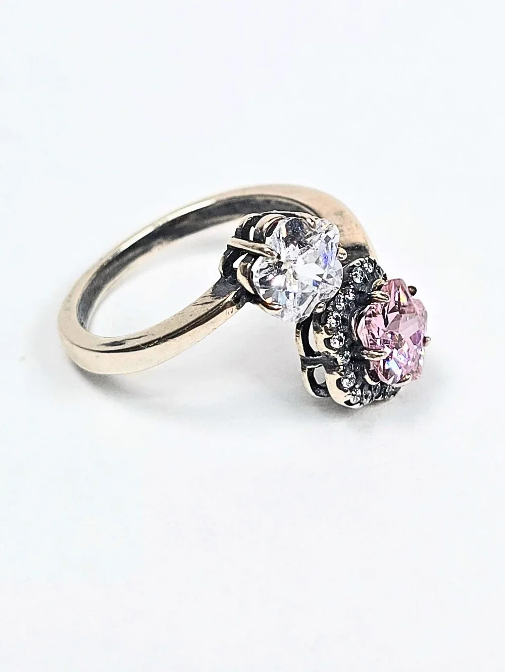 925 Sterling Silver Adjust 7-8 Dual Flower Ring Pink & Clear CZ Open Band Floral